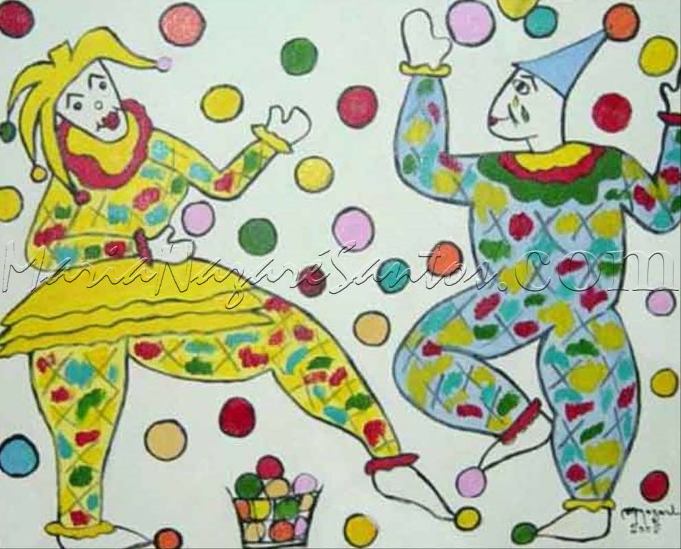 <b>Cod.: </b> 446, <b>Title:</b> Mischievuos of the Little Clowns, <b>Dimension:</b> 15.6x19.5 (in), <b>Year:</b> 2005, <b>Technical:</b> acrílic on screen, <b>Status:</b> Available