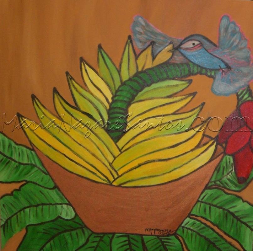<b>Cod.: </b> 558, <b>Title:</b> Bananas for My Bird, <b>Dimension:</b> 23 x 23 cm, <b>Year:</b> 2007, <b>Technical:</b> acrylic on canvas, <b>Status:</b> Available
