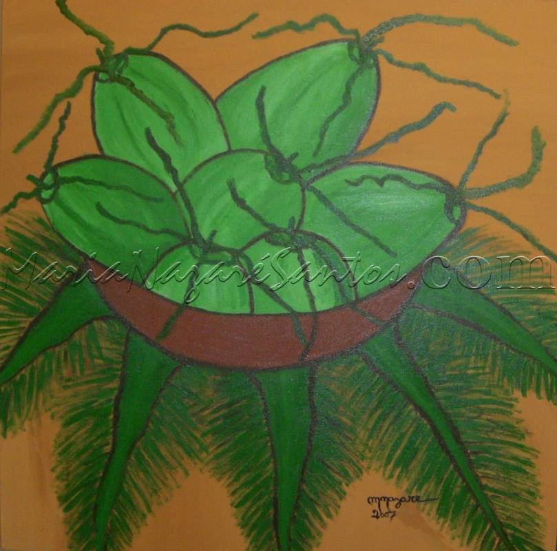 <b>Cod.: </b> 567, <b>Title:</b> Bahia Coconuts For You, <b>Dimencion:</b> 23 x 23 cm, <b>Year:</b> 2007, <b>Technical:</b> acrylic on canvas, <b>Status:</b> Available